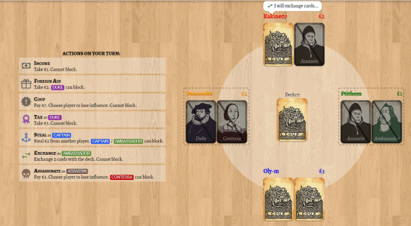 Screen Shot of Playing Coup Online at Board Game Arena